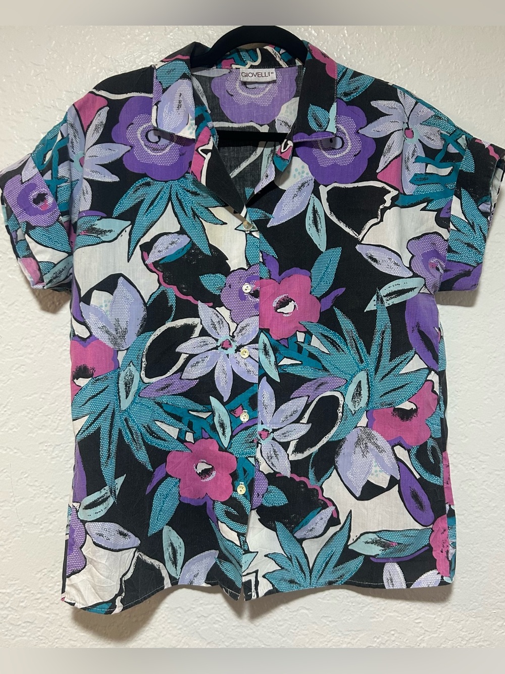 Vintage Giovelli Black, Purple & Teal Flower Button Down Shirt